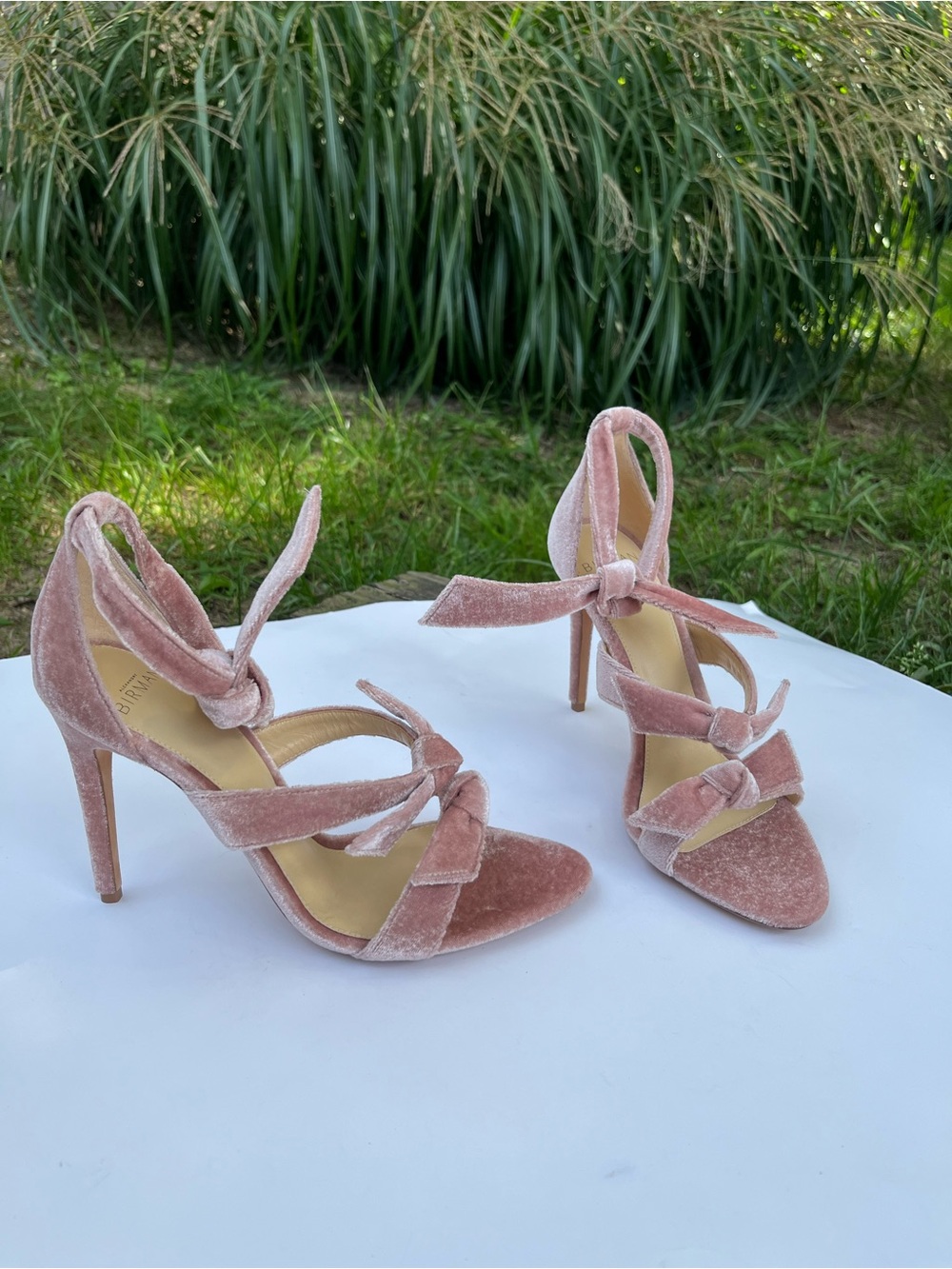 Alexandre Birman Pink Blush Velvet Lolita Knots Ankle Strap Heel Sandals Size 38